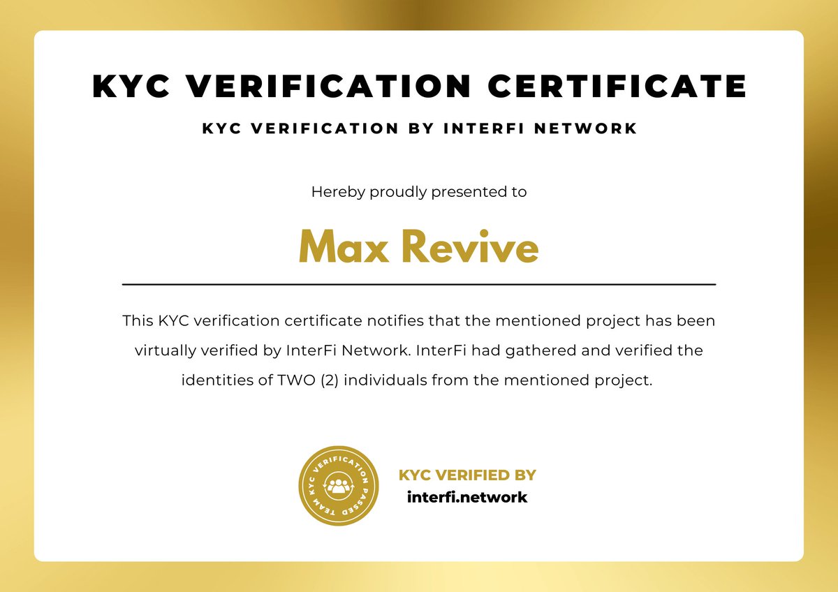 InterFiNetwork's tweet photo. InterFi Network has completed KYC Verification of
@MAXRtoken (Max Revive)
View KYC Report: https://t.co/ZVLhmSW8A7
Request smart contract audit or KYC verification: @InterFiNetwork
#KYC #cryptokyc #interfinetwork https://t.co/TlFf9WC8jr