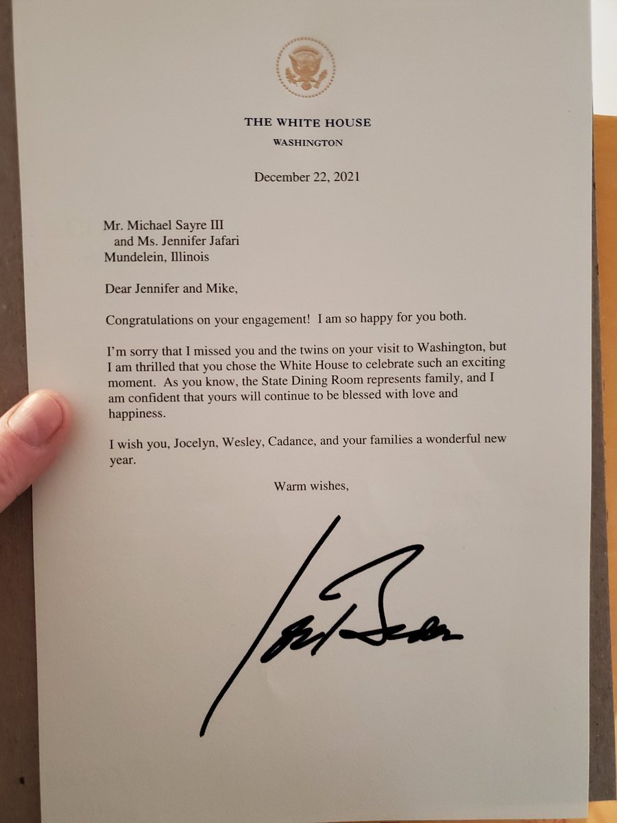 sayreteacher's tweet photo. Thank you @POTUS and @DearPOTUS46 for the letter. @JafariJennifer and I understand that you were busy helping the people of Kentucky. Don't worry we'll be sure to invite you and @FLOTUS to our wedding! Happy New Year to you, your family, and your new addition Commander! https://t.co/13CWvaZoOx