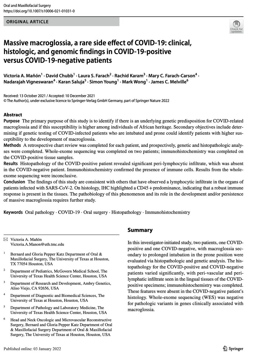 Congratulations to UTHealth OMS resident Dr. Victoria Manon and collaborators at <a href="/UTSDHouston/">UTHealth Houston School of Dentistry</a>, <a href="/McGovernMed/">McGovern Med School</a>, and <a href="/AmbryGenetics/">Ambry Genetics</a> for publishing interesting early findings on immune infiltrates in the tissues of COVID-19 patients with massive macroglossia.