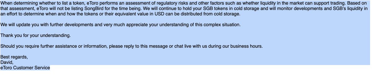BusterBill55's tweet photo. Can someone pick this up - ETORO has our songbird tokens but will not redistribute to their rightful owners - here is the message we get;
Basically - we will give you your songbird - when WE want to... https://t.co/QeOkgxLKWY