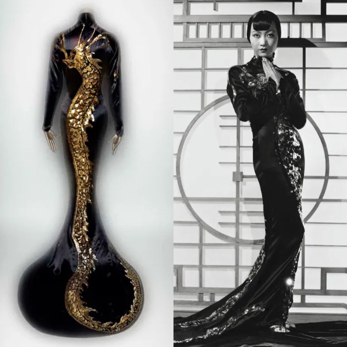 The wonderful #AnnaMayWong was born on this day in 1905. #TravisBanton designed this golden dragon dress in 1934 for the movie Limehouse Blues @metmuseum #fashionhistory