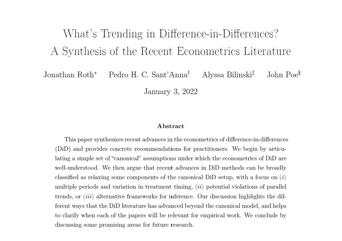 Hey #EconTwitter, #HealthPolicy, #PoliticalScience and #SocialScience in general. Do you feel lost about recent advances in DiD? We are here to help! What's Trending in Difference-in-Differences? A Synthesis of the Recent Econometrics Literature psantanna.com/files/RSBP_DiD… 1/n