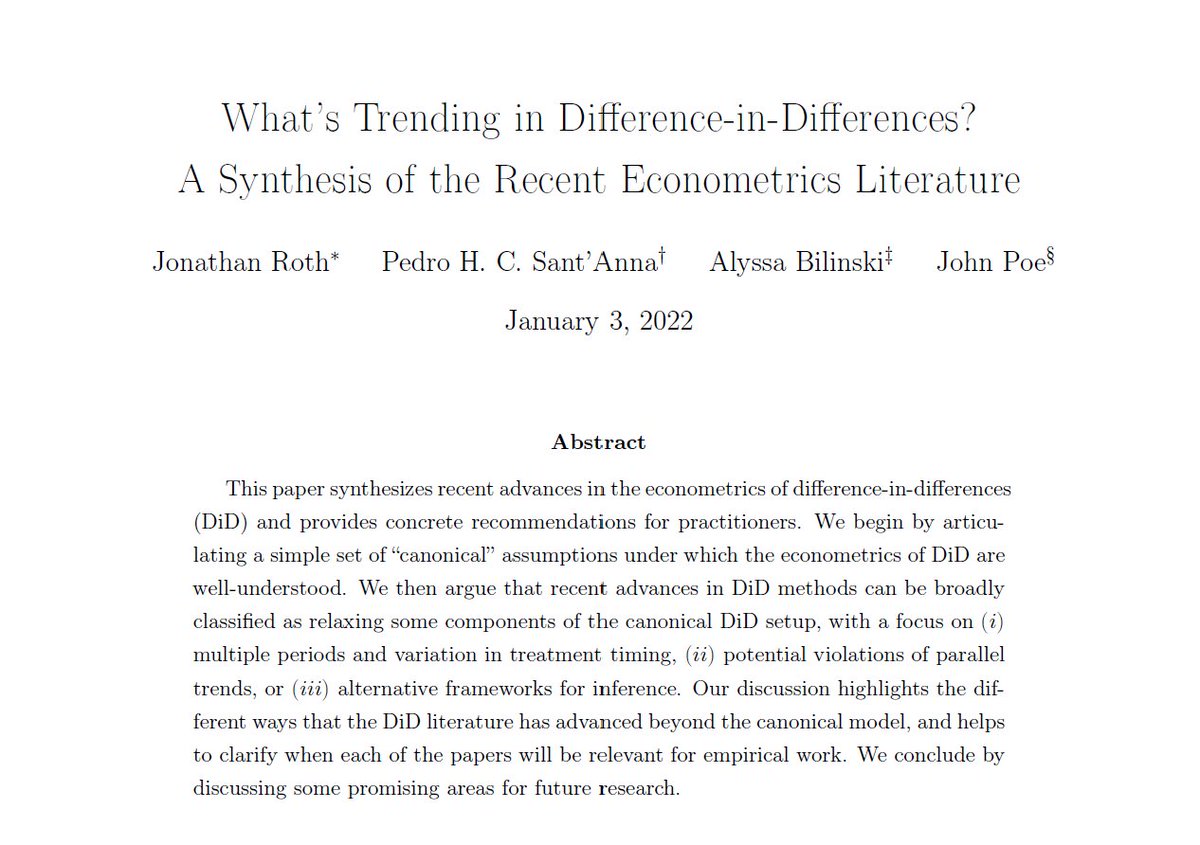 Hey #EconTwitter, #HealthPolicy, #PoliticalScience and #SocialScience in general.

Do you feel lost about recent advances in DiD? We are here to help!

What's Trending in Difference-in-Differences? A Synthesis of the Recent Econometrics Literature

psantanna.com/files/RSBP_DiD…

1/n
