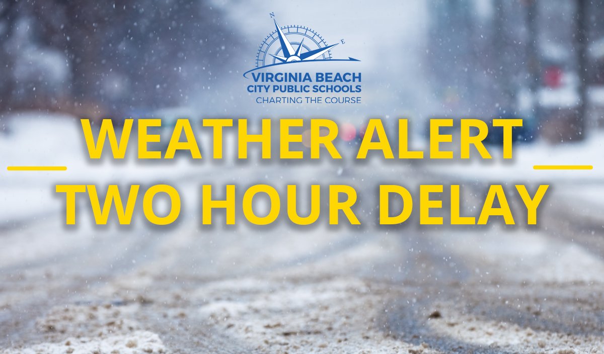 vbschools's tweet photo. Due to the potential for icy road conditions, all schools and offices will open on a two-hour delay tomorrow, January 4.  We appreciate your continued patience and flexibility as buses are on the roads tomorrow morning. https://t.co/CyHm7QpmjA
