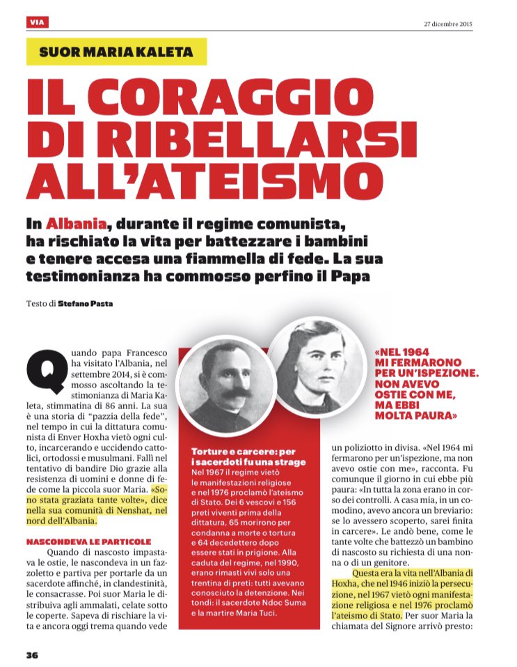 PastaStefano's tweet photo. #Albania è morta suor #MariaKaleta, che commosse il Papa con la sua testimonianza sulla persecuzione religiosa del regime di Hoxha.Qui per @crederesanpaolo mi raccontava quando impastava le ostie, le nascondeva in un fazzoletto e le distribuiva ai malati @santegidionews @CEI_news https://t.co/vVCKiD5HsE