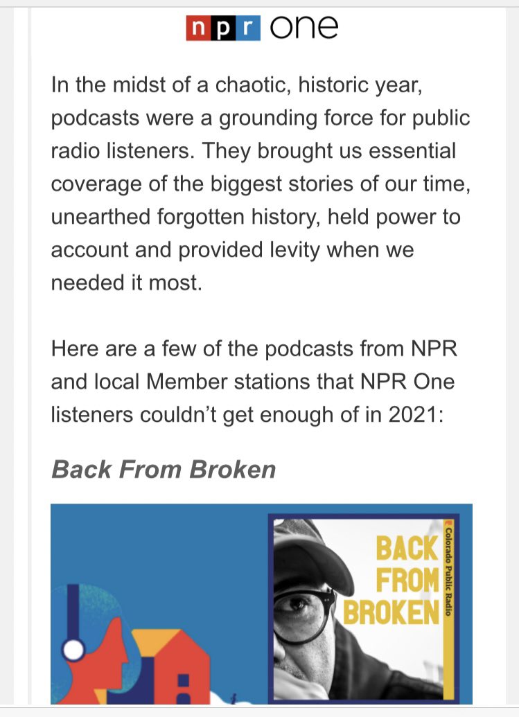 VicVela1's tweet photo. I shut off my phone for a couple hours to play fetch with the dog and I find my DMs/emails are blowing up over this: @NPRone listed #BackFromBroken at the top of the list of podcasts “listeners couldn’t get enough of in 2021.”

Blown away by the support for our show. Thank you! https://t.co/ialfC5WwBJ