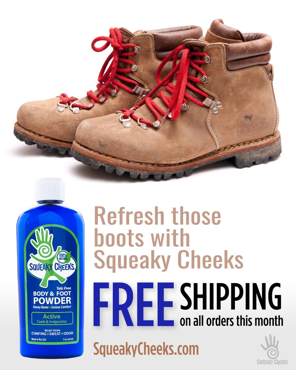 NoSqueak's tweet photo. Squeaky Cheeks is an all-natural powder that refreshes your feet and shoes at the same time.  Order today and give those hard-working boots new life.

Sweat, odors, and discomfort on your body or feet? Squeaky Cheek it at https://t.co/q67Kpd9kHv.
 
#squeakycheeks #talcfree https://t.co/VU5h11I3Ix