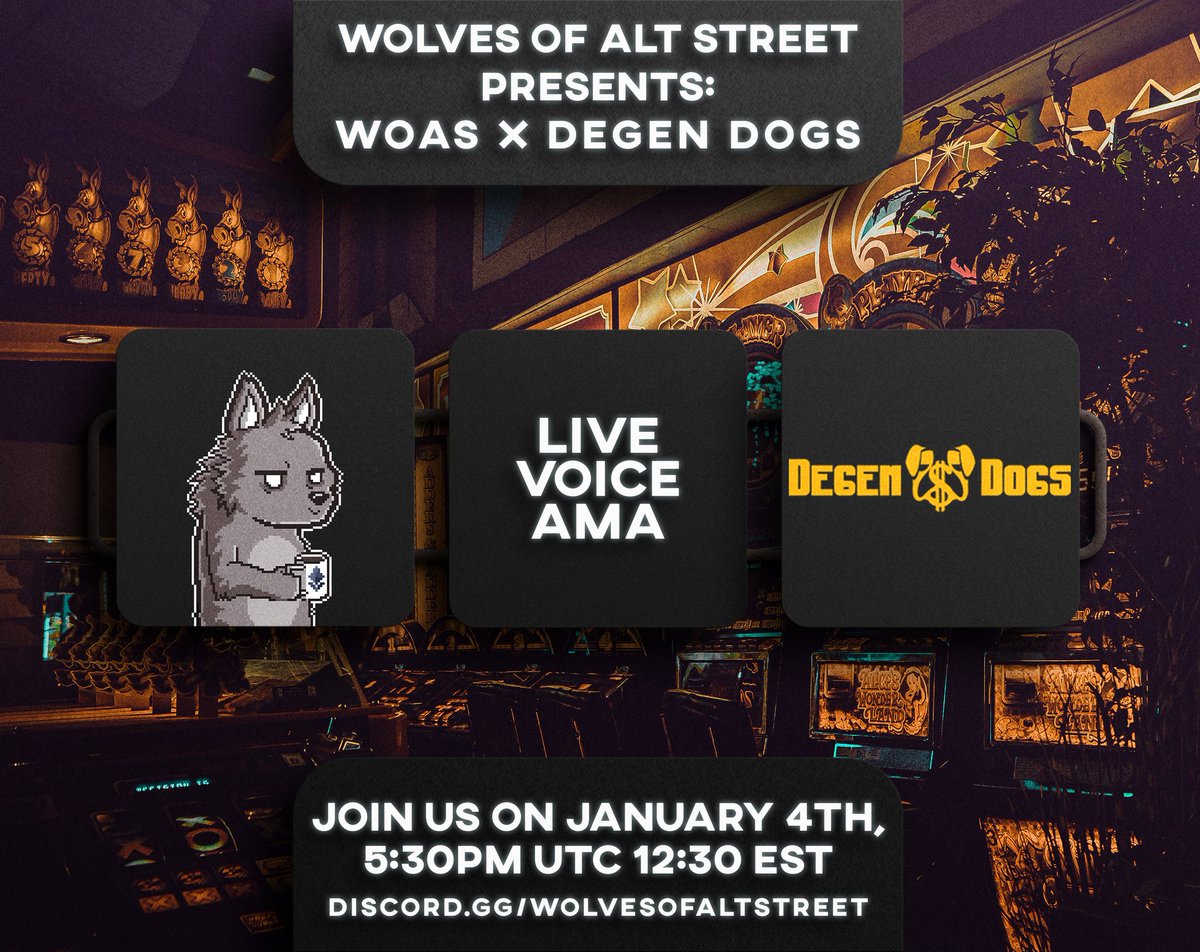 WolvesAltStreet's tweet image. 🚀Live Voice AMA with 
@DegenDogsNFT

Building the first exclusive digital casino &amp;amp; social club with $TREATS!

🗓️January 4th, 2022
⏳5.30 PM UTC / 12.30 PM EST
🐺discord.gg/wolvesofaltstr… 

See you tomorrow in the Degen Dogs Casino fellas 🐶
#Crypto #NFTdrop #Degendogs
