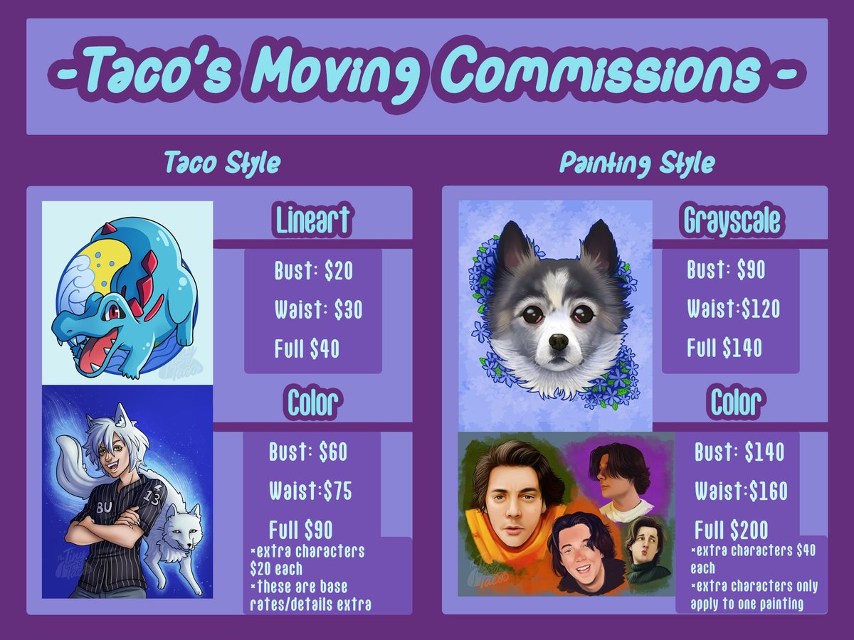 TheTinyTaco's tweet photo. We are finally moving! I'm opening up my 2022 commissions with reduced prices ✨(for a limited time) 

We need to save up for food, house products, and misc bills. Anything helps and shares are always appreciated! Thank you 💜💜💜 https://t.co/bZC7NSt7qd