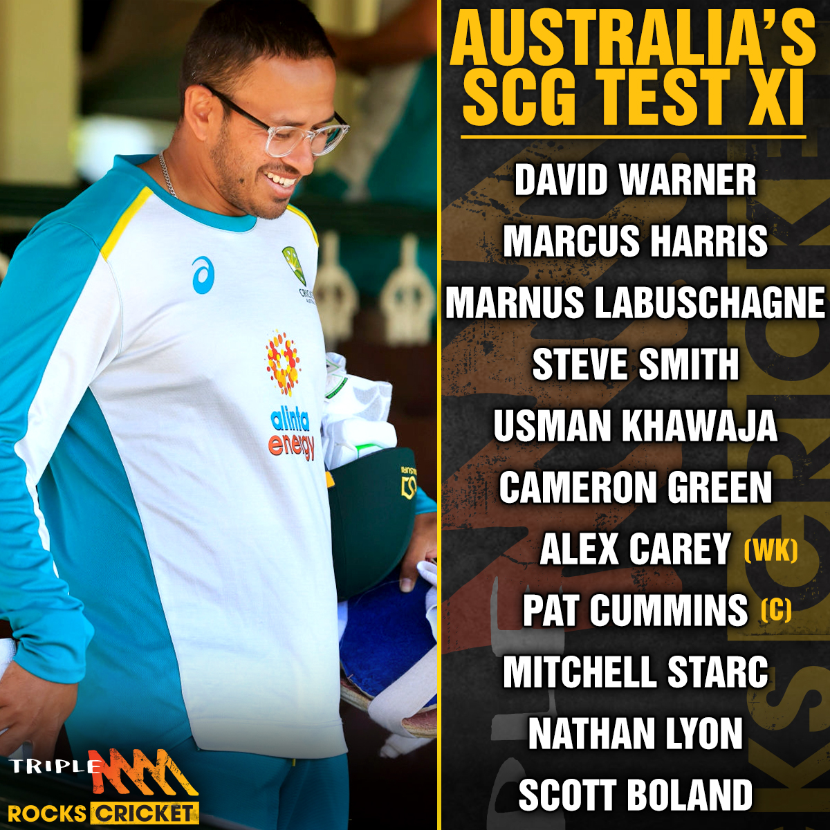 Triple M Cricket on "Pat confirmed the XI for SCG Test. Usman Khawaja will come in for Travis Head while Scott Boland retains his place in the side 🙌