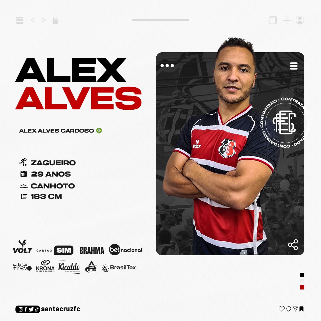 SantaCruzFC's tweet photo. #Assinou | O zagueiro Alex Alves é o novo contratado do Santa Cruz! Seja bem-vindo! ⚫⚪🔴📄✍️ #AvanteSanta
Veja mais: https://t.co/v8bc0mGh8v https://t.co/5qNPkX03LQ