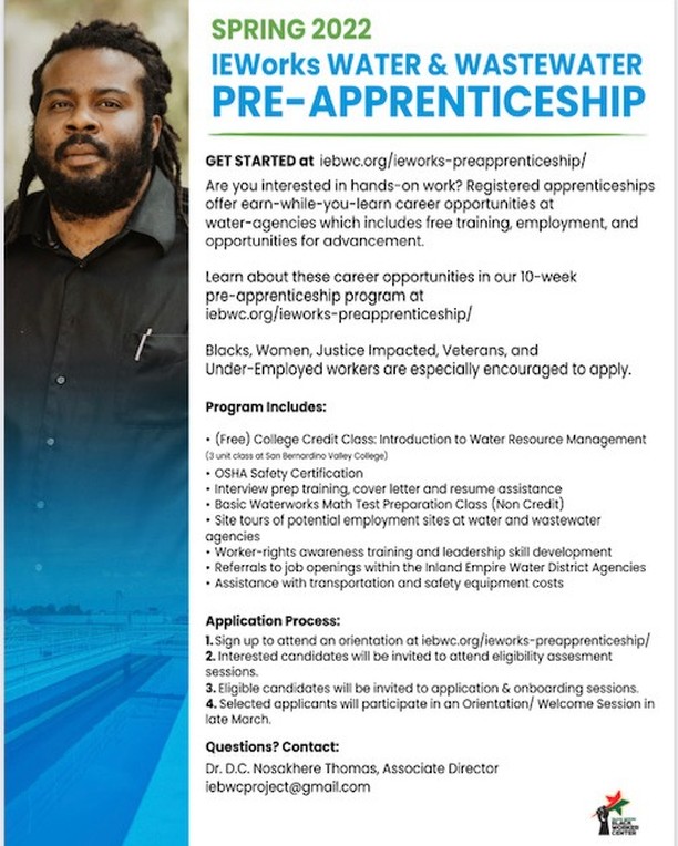 New Year, new opportunities! Are you or someone you know interested in a career in the water industry? Come join us for orientation to learn more about the IEBWC pre-apprenticeship. To schedule visit our website iebwc.org
#inlandempire #preapprenticeship
