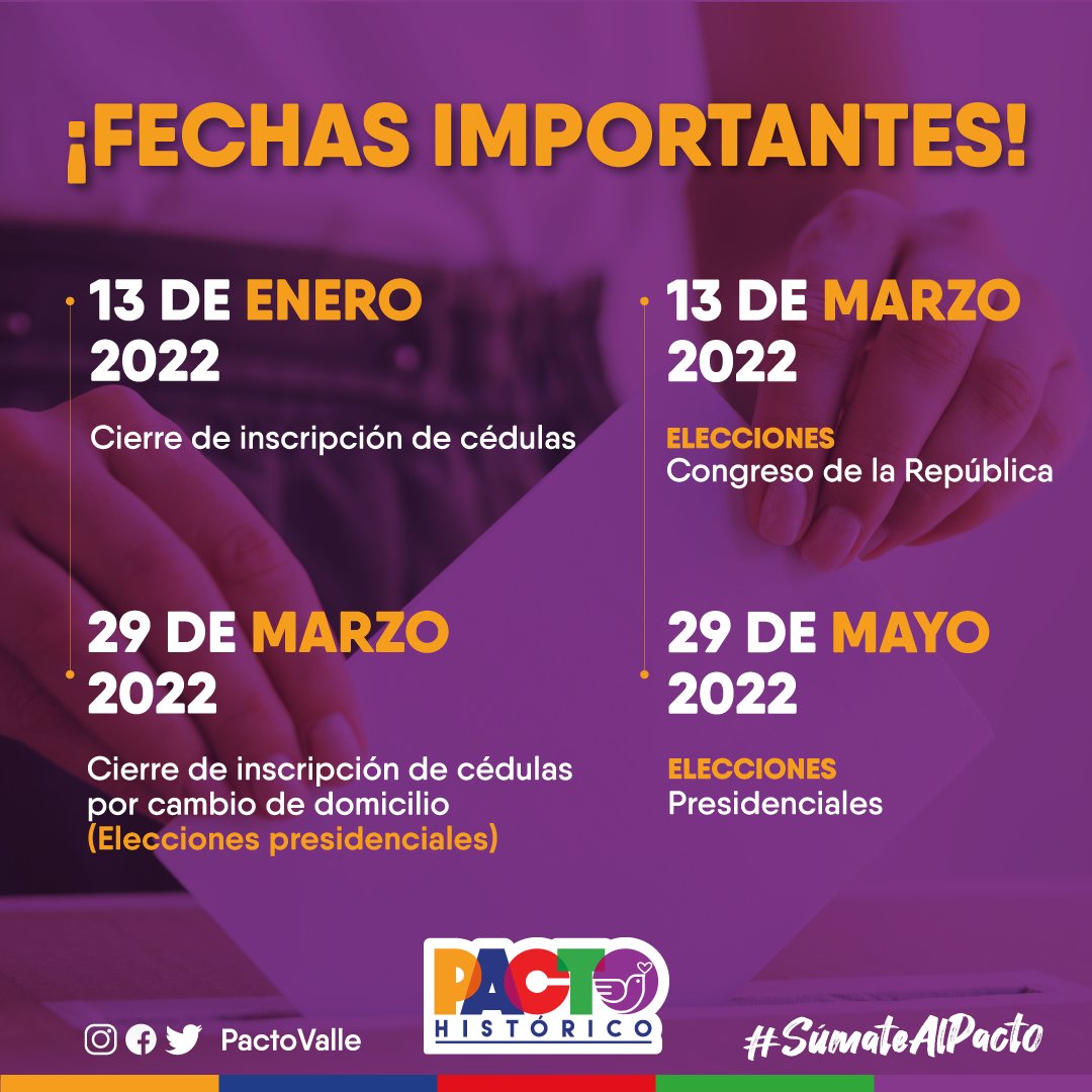 PactoValle's tweet photo. ¡FECHAS IMPORTANTES!
No las puedes olvidar, así que comparte. 🗳✊🏽
#Sumatealpacto #PactoHistórico https://t.co/mhAz21ZeGj