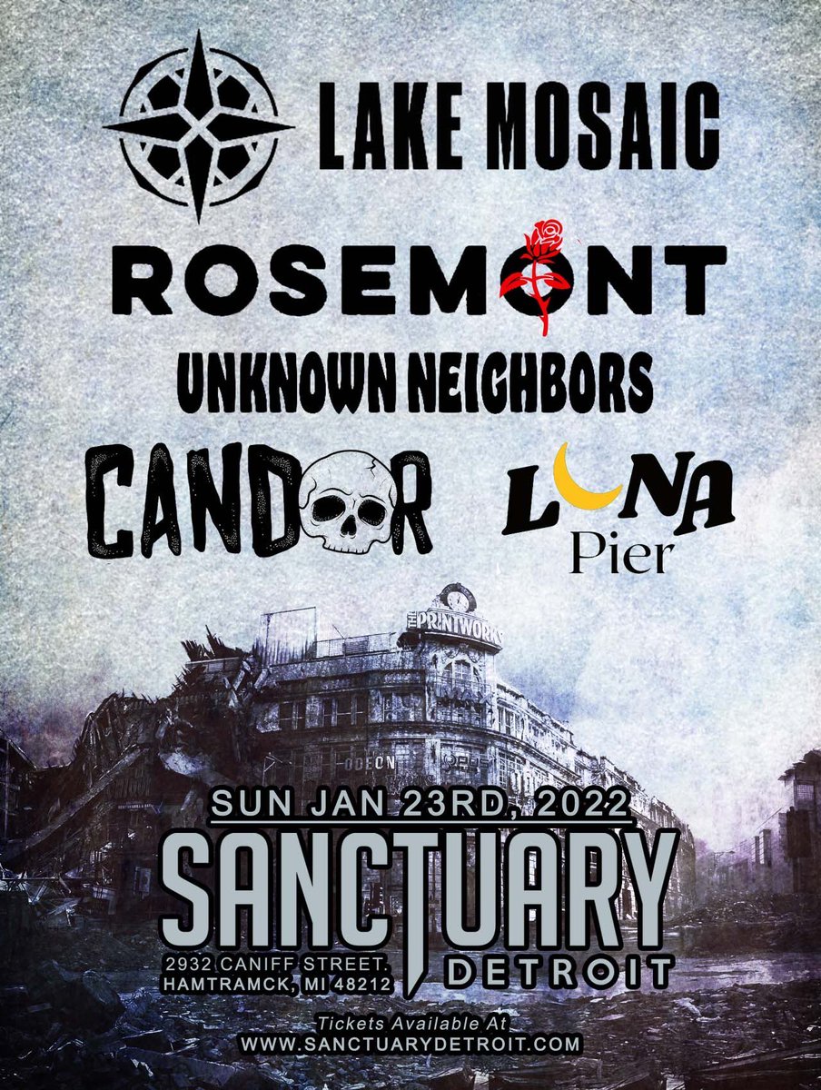 20 days away from being back  <a href="/sanctuarydet/">sanctuary detroit</a> with our new friends in Lake Mosaic, Rosemont, Candor, and Luna Pier 🔥

Hit this link for tickets:

ticketweb.com/event/lake-mos…