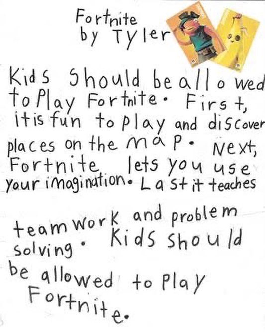 📝🎮 Check out these awesome school projects on why kids should be allowed to play Fortnite by two of our newest Fortnite players, Justin and Tyler!