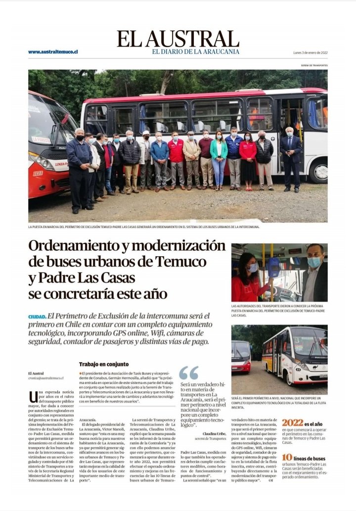 🗞  Te invitamos a leer el <a href="/AustralTemuco/">Diario El Austral</a> donde se  destaca la implementación del perímetro de exclusión en el gran Temuco y el beneficio que esto significa para nuestros usuarios en el marco de la modernización del #TransportePúblico
#ConectamosChile🇨🇱 australtemuco.cl/impresa/2022/0…