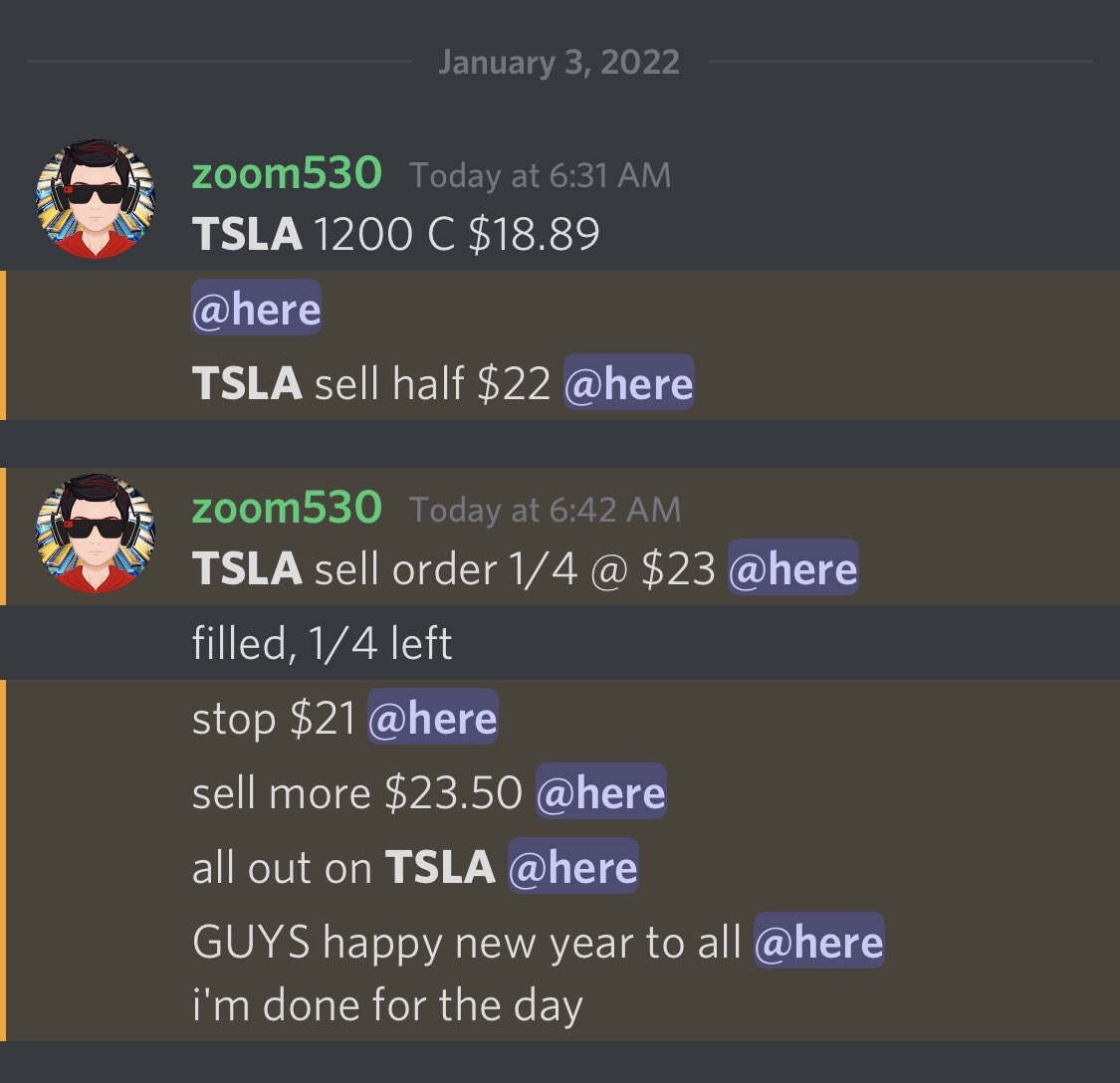 zoom530's tweet photo. +$7.5K 1st trading day 2022

$TSLA 1200 CALLs 
$18.90 to $23.50
hits my $1200 call target at $35 but i can only claim what i traded. Not d whole move. only ask for couple bucks but that is more than enough 💰to be thankful for. 

All alerts in discord 
👇
https://t.co/U3mb9AtOB1 https://t.co/RmpdJMAxWN