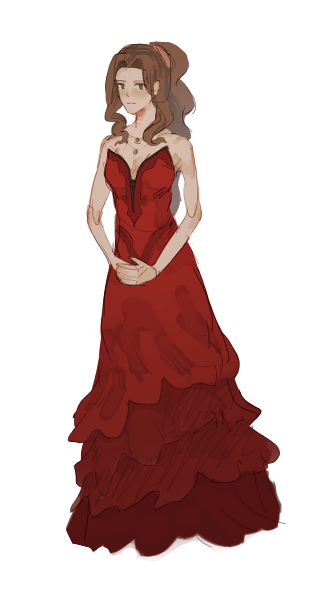 costcofreezer's tweet photo. aerith in the formal dress from remake (unfortunately she is not green so my twitter is no longer color coordinated) https://t.co/1QXaAKmWAF