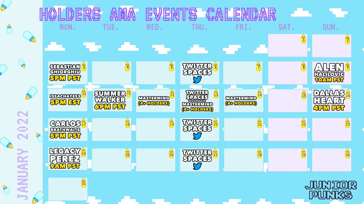 The Junior Punks Holders AMA Calendar For January! Who’s Excited To Ask Our Guest Some Questions? #HODLTHEBOTTLE