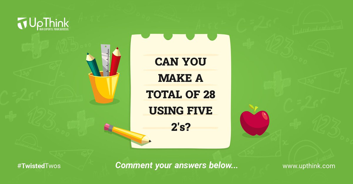 UpThink_Experts's tweet photo. Well, it’s tricky, isn't it? Using five 2's and any mathematical formulae, can you get the answer to 28?
Comment the answer of this 'twisted problem' and let's see who gets it right!
.
.
#Upthink #highered #eLearning #edtech #trick #puzzle #Mathematics #BrainStorm #Pune #India https://t.co/6ZI0SjaG3d