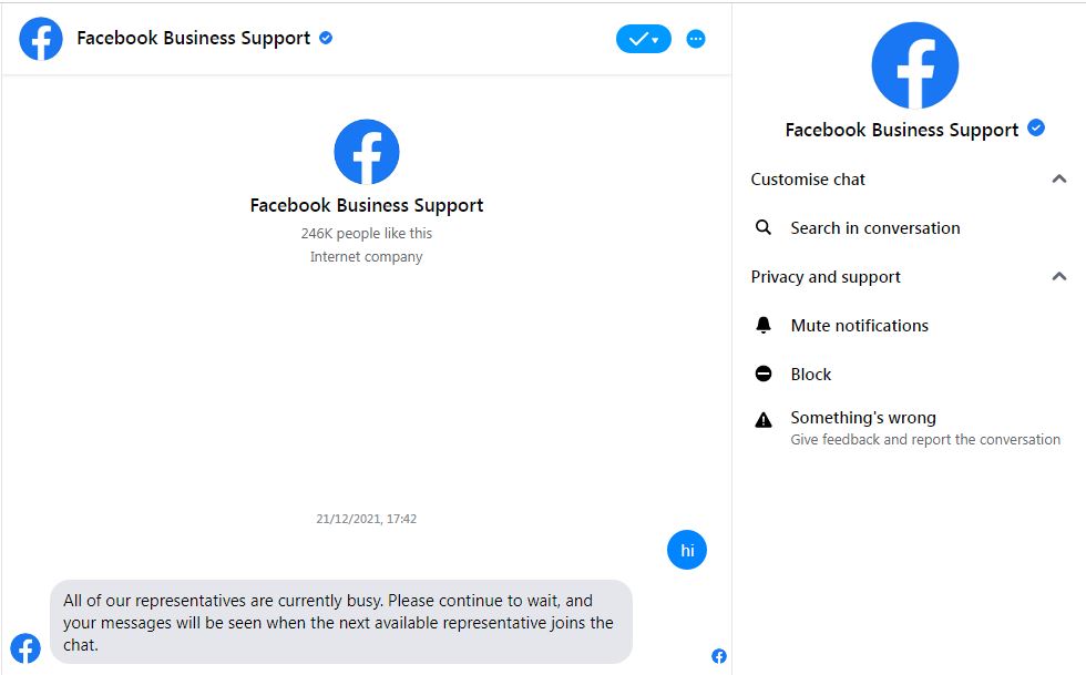 nitindevle's tweet photo. @meta @Facebook @finkd
All of our representatives are currently busy. Please continue to wait, and your messages will be seen when the next available representative joins the chat.
After 15 days: msg from #facebook #support https://t.co/5FwH4dfqgn