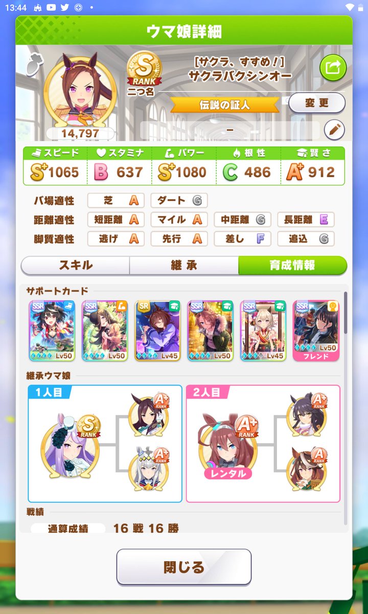 川けん バクシンちゃんでugランク目指そうと思ってるんですが もう一押し ステータスが上がってくれない ｗ フクキタルちゃん入れた方がいいのかな ウマ娘 サクラバクシンオー Ugランクを目指したい T Co Hispnmrbrz Twitter