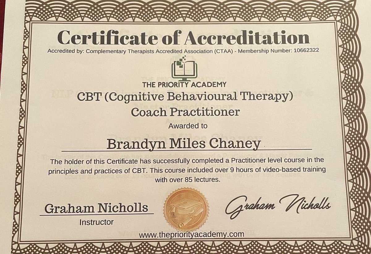 brandyn_chaney's tweet photo. Don’t talk about achievements much but wanted to highlight this one 2020/2021 were two years I became very intentional with goals
I can say that I’m certified in Life Coaching, CBT, REBT, NLP and now EFT & TFT Tapping as a Practitioner. #studentofdevelopment #mentalwellness https://t.co/r9fQ7ZRIQ1