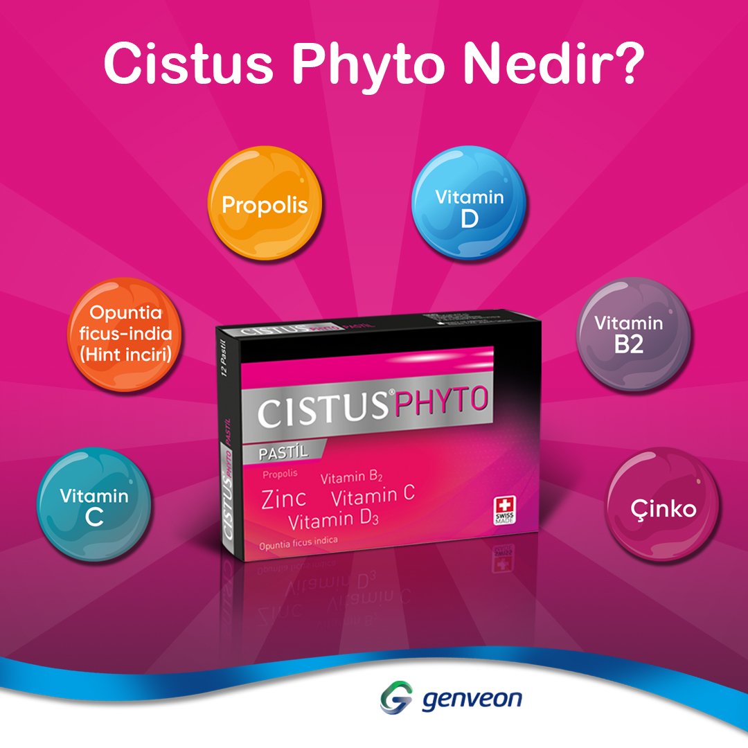 genveonilac's tweet photo. CISTUS PHYTO içeriğinde:
✅  Propolis
✅ Dikenli incir
✅ Çinko
✅ D vitamini
✅ C vitamini
✅ B2 vitamini ve 
✅ Arap zamkı bulundurur.
Hem boğaz ağrısının giderilmesine hem de bağışıklık sistemine katkıda bulunur. Antioksidan özellikler... https://t.co/dSwt11NNnP