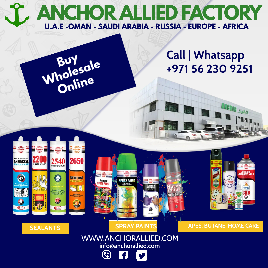 Buy Wholesale Online from the 25-Year-old Manufacturer and Supplier. 
➡ Silicone Sealants
➡ Tapes and Adhesives
➡ Spray Paints
➡ PU Foams
➡ Butane Gas
➡ Air Fresheners
➡ Insect Killers
Call / Whatsapp +971562309251 or visit: anchorallied.com