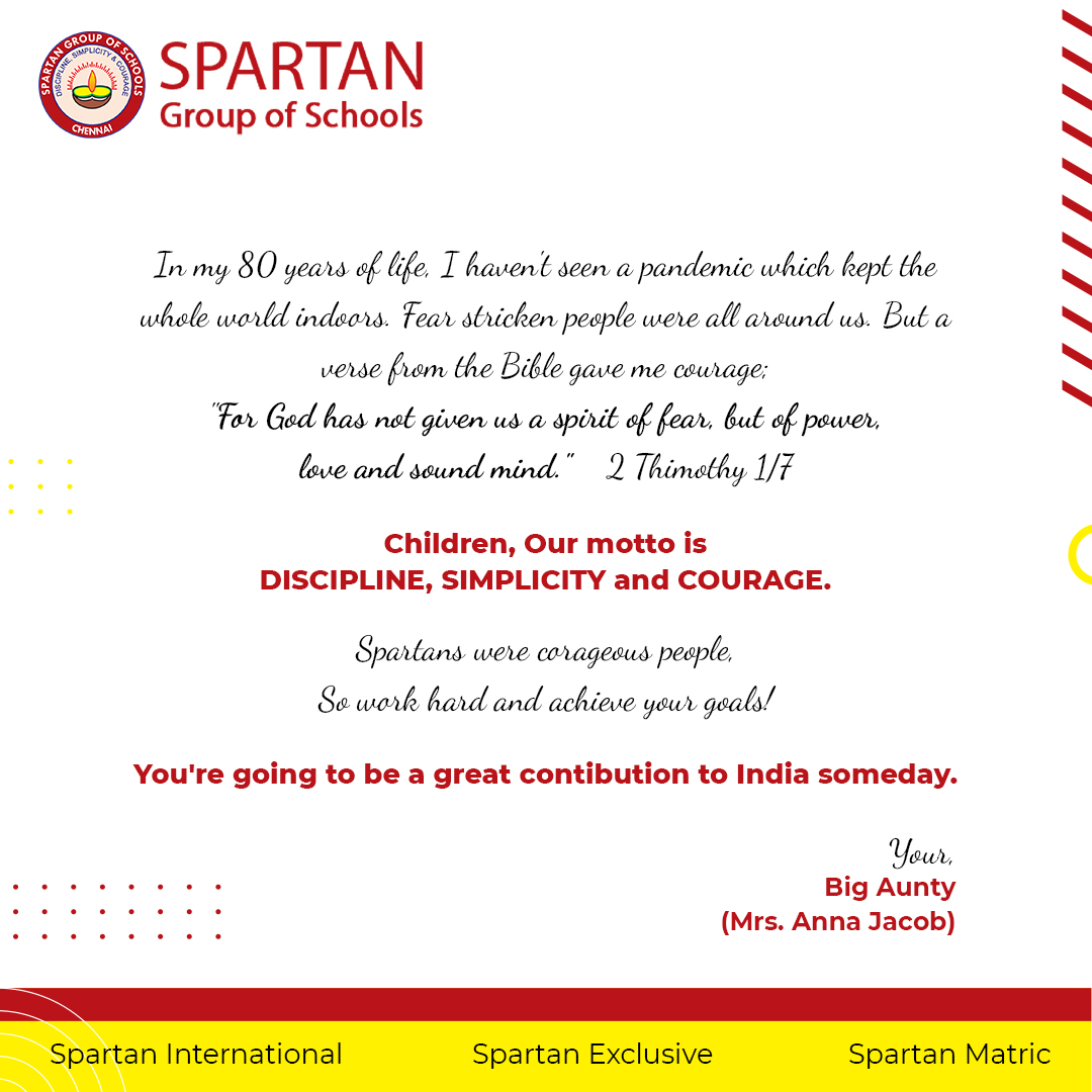 SchoolsSpartan's tweet photo. As we're entering a New Year, here are a few words from our director, Mrs. Anna Jacob for the students.

#SpartanGroupofSchools #SpartanSchools #SchoolLife #SpartanExclusive #SpartanInternational #SpartanMatric #ChennaiSchool #SchoolIndia #Education #NewYear2022 https://t.co/OSgewrblor