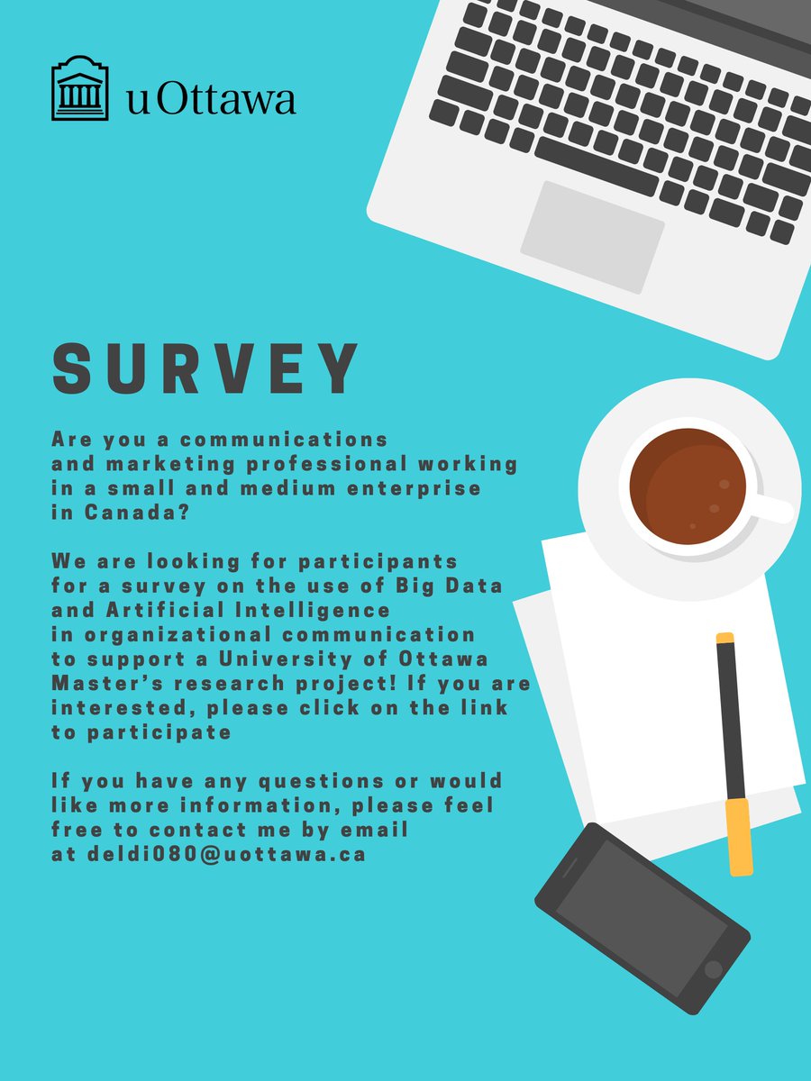 dinanom's tweet photo. If you are a #communication and #marketing professional in a #SME in #Canada, you are invited to participate in a #survey to support a thesis at the #UniversityofOttawa on the use of #BigData and #ArtificialIntelligence. Link: https://t.co/gFVZzqSejM https://t.co/ZiPMvHelc1