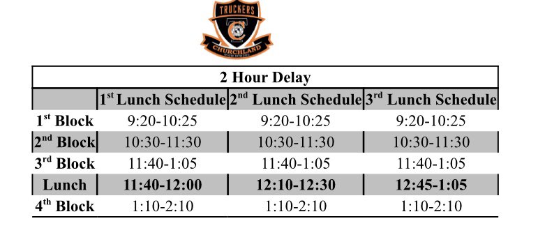 GoCHSTruckers's tweet photo. 2 hour delay schedule. There will be no shuttle buses between high schools tomorrow and no breakfast in the morning. Stay safe, Truckers! https://t.co/j6DziSOuBY