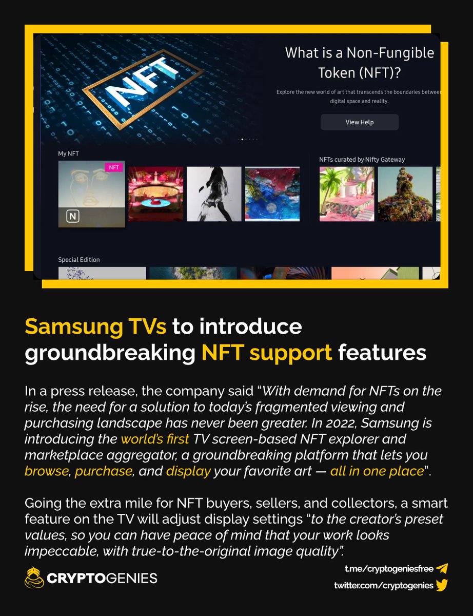 cryptogenies's tweet photo. @Samsung TVs to introduce #NFT support features

Samsung have always been a fan of art, showing their appreciation in the past with "The Frame". In 2022, they're taking it a step further, introducing NFT support features built in to their TVs. https://t.co/uOuvqoiwgD