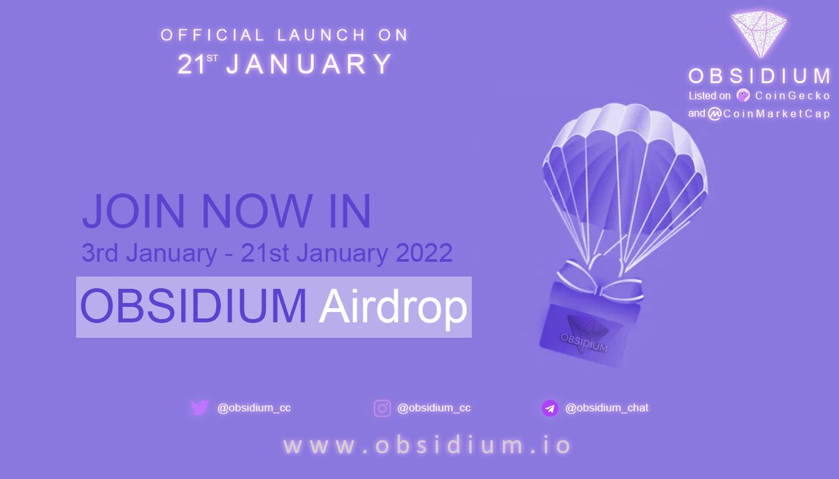 🎁🪂 New Obsidium Airdrop 🪂🎁

New Airdrop has landed, same great rewards but new! Our second Airdrop just started!

Running period: 3rd to 21st January 2022
Distribution: 22nd January 2022
Collect 100 entries to win this Airdrop!

➡️ obsidium.io/airdrop/

#BNB #BSC $OBS #OBS