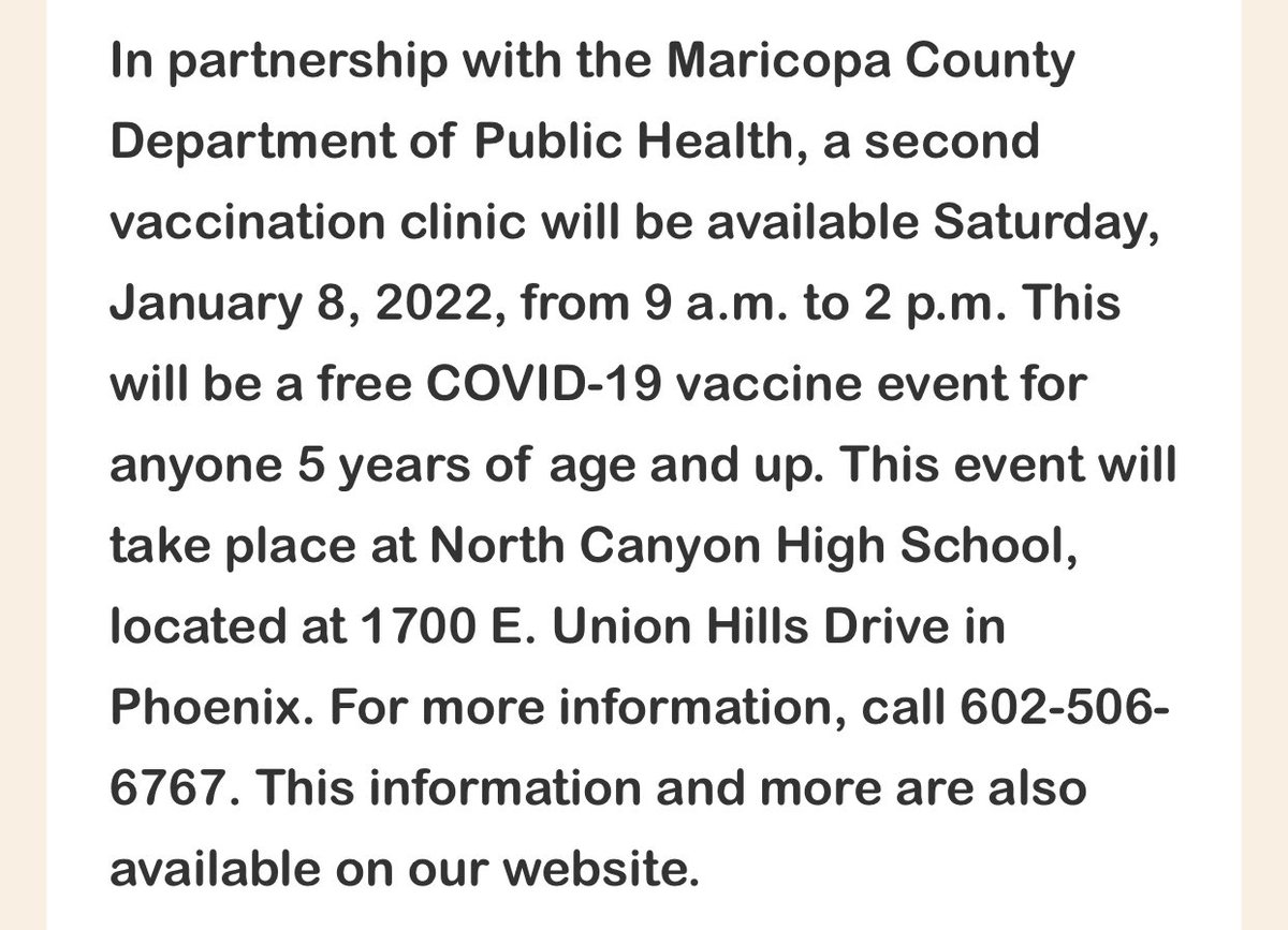 CTrevorNelson's tweet photo. 🚨 VACCINE CLINIC 🚨 

Free COVID Vaccine Clinic - January 8, 2022 9 am - 2 pm - North Canyon High School - 1700 E. Union Hills Drive in Phoenix 

#VaxUpAZ 💉 https://t.co/2wGkce4riP