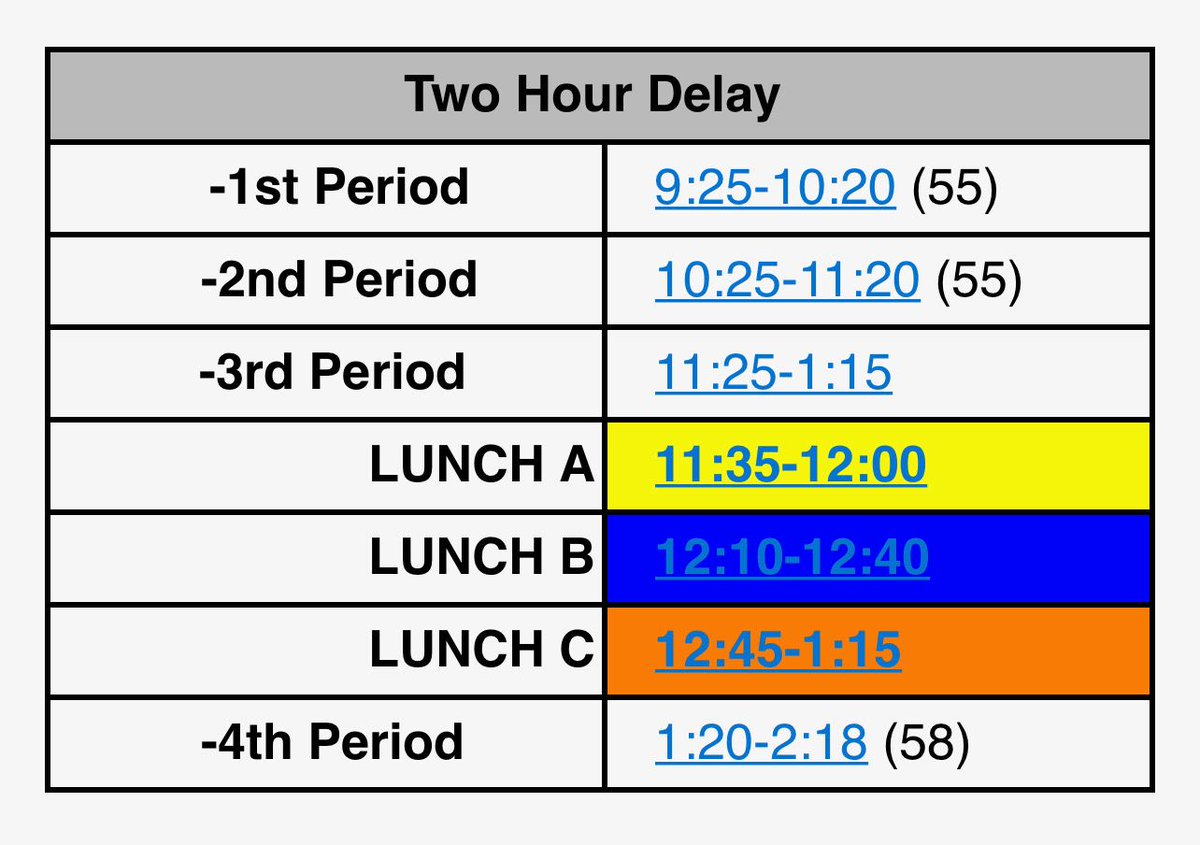 KnightdaleHS's tweet photo. :: TUESDAY, JANUARY 4 :: Two Hour Delay Bell Schedule #GameOnKHS :: https://t.co/KBuqVGYg6M https://t.co/A2JxgMW8p2