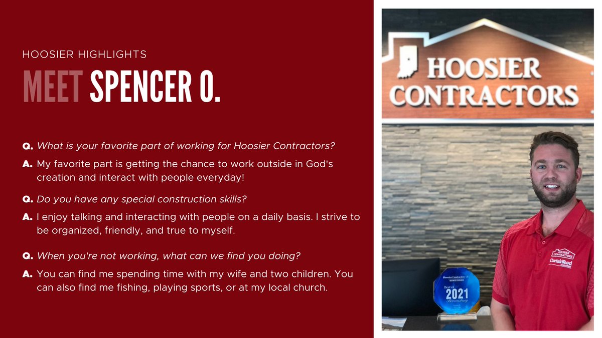 HoosierRoof's tweet photo. #HoosierHighlights: Meet Spencer! 👋 He currently serves as a sales consultant on our team. https://t.co/JpAJydby4Y