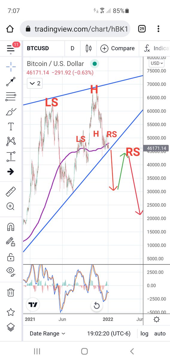 MagicPoopCannon's tweet photo. #BTC is in a bearish rising wedge (in blue) while struggling below the 200 day MA, and building what appears to be the head of a massive head and shoulders pattern. A breakdown below the rising wedge will send it to 30k where a strong bounce should follow, only to fail later. https://t.co/VhXlamvSX4