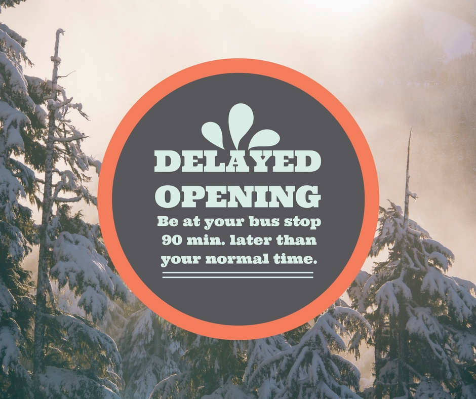 MTSDnews's tweet photo. All Manchester schools will have a 90-minute DELAYED OPENING Tuesday, January 4. Please be at your bus stop one and a half hours later than the normal time. https://t.co/r30e63VruF