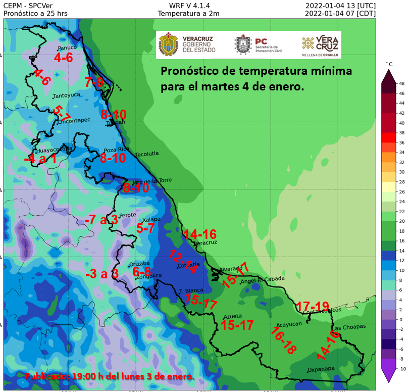 spcver's tweet photo. 🥶Amigas y amigos se espera una madrugada y amanecer con ambiente frío a muy frío en el estado de Veracruz con probabilidad de heladas fuertes en partes altas de zonas serranas. Aquí el pronóstico de temperaturas mínimas para este martes 4 de enero.👇🏼 https://t.co/zxJM2ZLReb