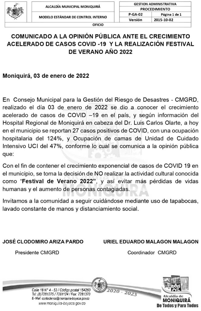 NCTNOTICIAS's tweet photo. Festival de Verano 2022 de #Moniquirá #Boyacá fue cancelado. El evento tampoco se realizará este año, debido al incremento de casos positivos para #Covid_19 y sobreocupación hospitalaria. https://t.co/PqDINfDQNb