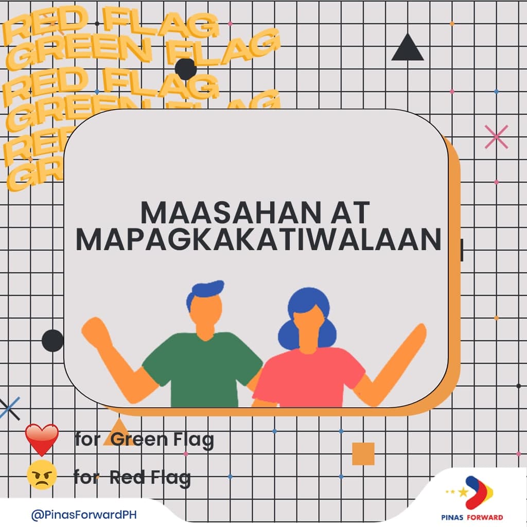 PinasForwardPH's tweet image. #SaTotooLang, alin dito ang red flag at green flag para sa’yo? 🤔

Ngayong madami na ang pumoporma sa’yo, paano mo malalaman kung sino ang “the one” for you?

 Kilalanin ang pipiliin. Busisiin ang mga sinasabi nila para makaiwas sa #paasa!🙅