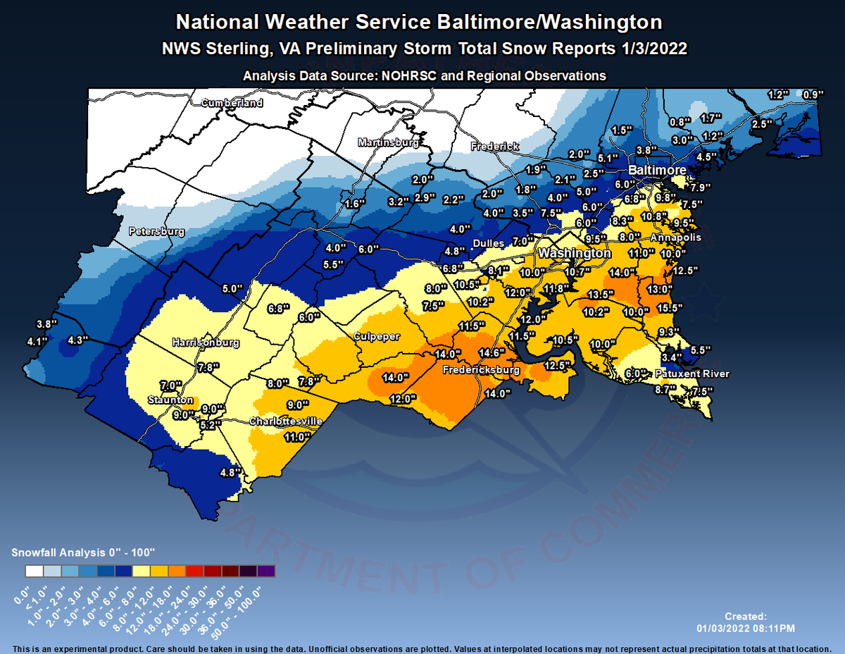 NWS_BaltWash's tweet photo. (bigger image) Here is a look at some preliminary snowfall totals from the winter storm that impacted the region today. For a detailed list of all snow reports so far, visit our PNS here: https://t.co/GyVLUmhBi3 https://t.co/c8FriPo7ZL