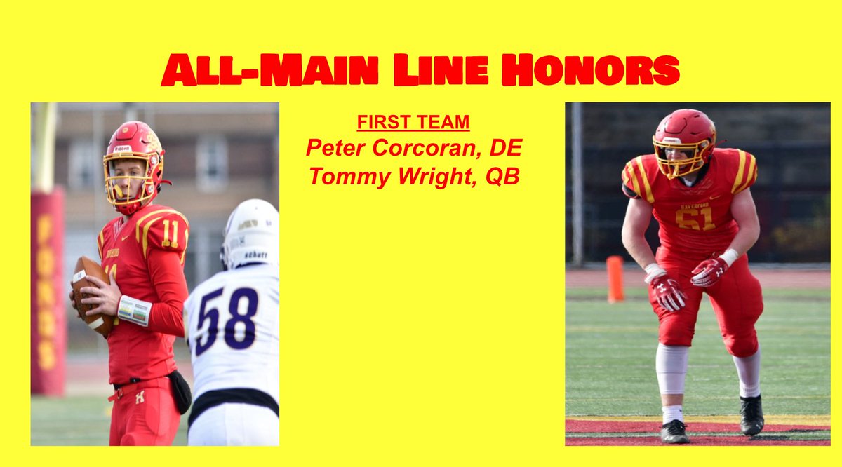 HHSFordsFB's tweet photo. Congrats to all of our Fords who earned All-Main Line recognition!

First Team
Peter Corcoran, DE
Tommy Wright, QB

Second Team
Michael Powel, OL
Ethan Mahan, WR

Honorable Mention
Mario Tascione, DL
Colin Reynolds, DB

#HRE #HPride https://t.co/9mo3Zi7XRo
