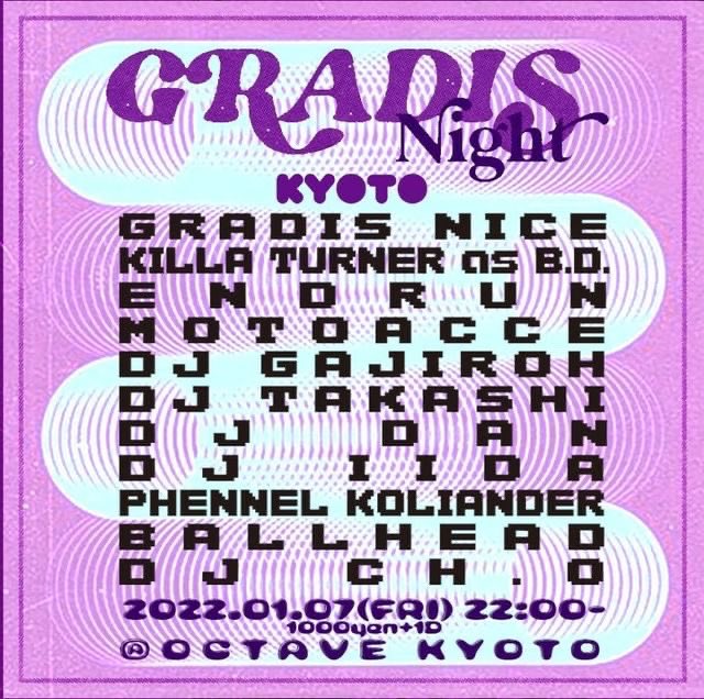 DJGAJIROH's tweet photo. 2022.01.07(FRI) 
"GRADIS NIGHT KYOTO"
at OCTAVE
22PM OPEN // ¥1000+1D

GRADIS NICE
KILLA TURNER as B.D.
ENDRUN
MOTOACCE
DJ GAJIROH
DJ TAKASHI
DJ DAN
DJ IIDA
PHENNEL KOLIANDER
BALLHEAD
DJ CH.O https://t.co/NVd037E7jM
