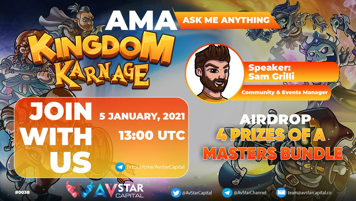 AvStarCapital's tweet photo. 🤩@AvStarCapital is pleased to announce our AMA session with @kingdom_karnage on January 5th at 13:00 UTC

⏰ Time: 13:00 UTC
🏠 Venue: https://t.co/UTR2UEm2Bc
🤵‍♂️ Speaker : Sam Grilli, Community &amp; Events Manager

🚀 Rewards : 4 masters bundle 🔥

Drop your question here 👇 https://t.co/0yf4dd6tSR