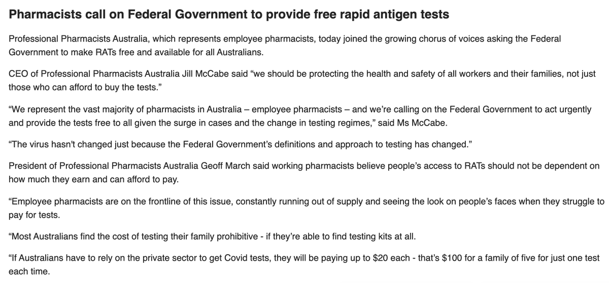 lukehgomes's tweet photo. New: Professional Pharmacists Australia, which represents employee pharmacists, today joined the growing chorus of voices asking the Federal Government to make RATs free and available for all Australians. https://t.co/ths60Gt5fL