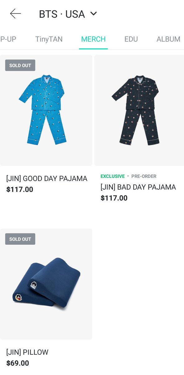J_hope_K7's tweet photo. — 🗞INFO|@BTS_twt 

Hace 20 minutos fue el lanzamiento de la mercancía de Jin, de estas solo
quedan las pijamas Bad Day😈 en USA como en Weverse Global Shop!

MERCH BY JIN OUT NOW
#BY_Jin #CollectionByJin #JinMerchStyle #방탄소년단진 #진 https://t.co/NlbBLBVC6h