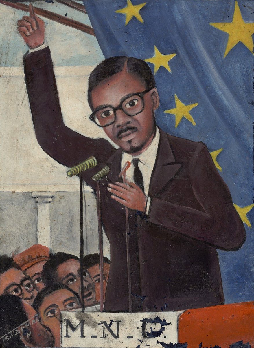 Nous ne sommes que le 4 janvier. 
Vous reprendrez bien encore un peu de drapeau bleu à étoiles jaunes ?

Tshibumba Kanda Matulu (Burozi). Discours de Lumumba, MNC. Lubumbashi, Haut-Katanga, RDC, 1998. Huile sur toile, Tervuren.)